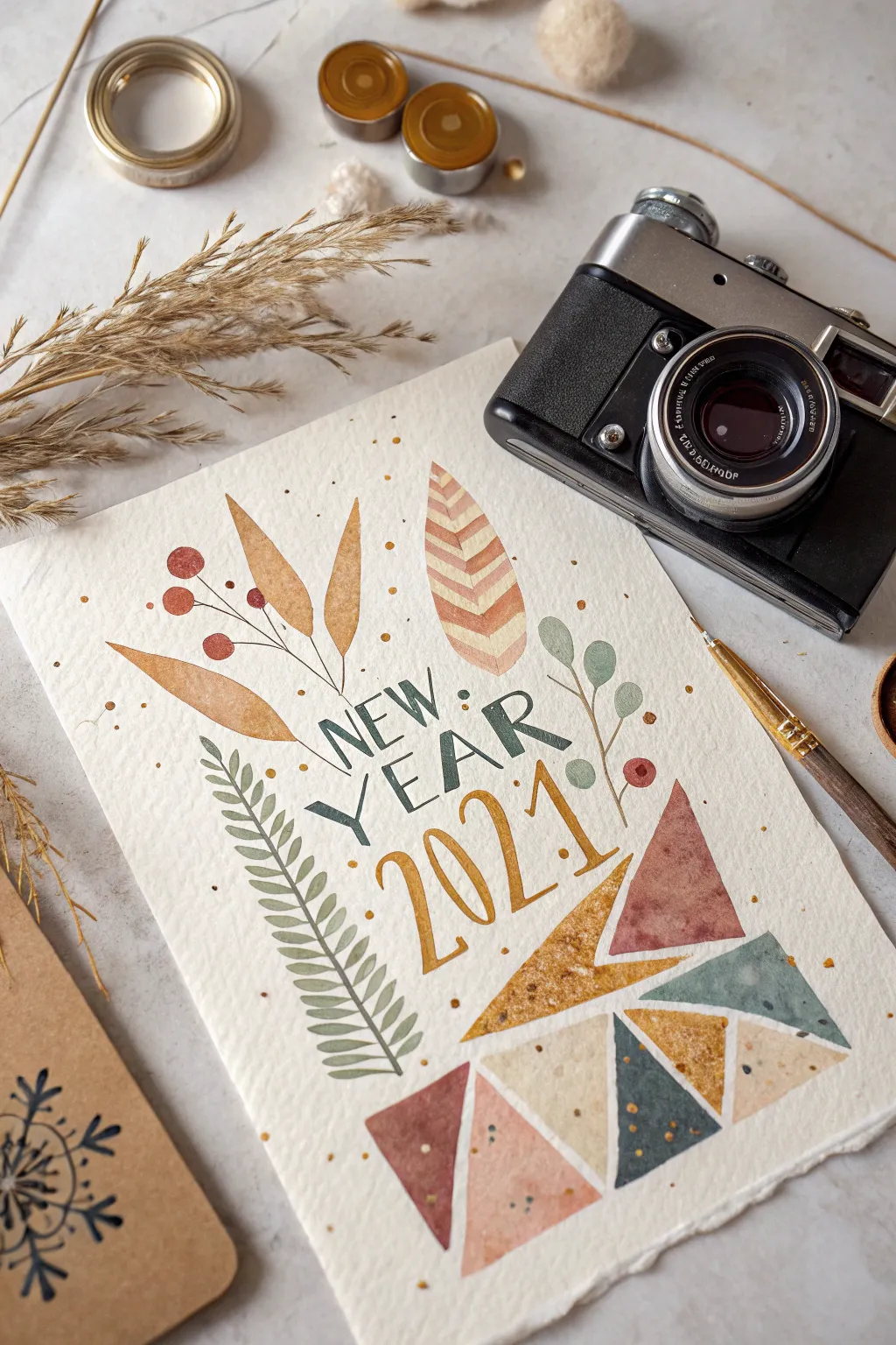 Easy painted New Year collage with torn paper layers and confetti texture in minimalist boho style