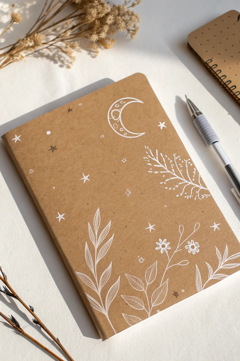 Kraft notebook cover with simple white ink moons and botanicals for a calm minimalist vibe
