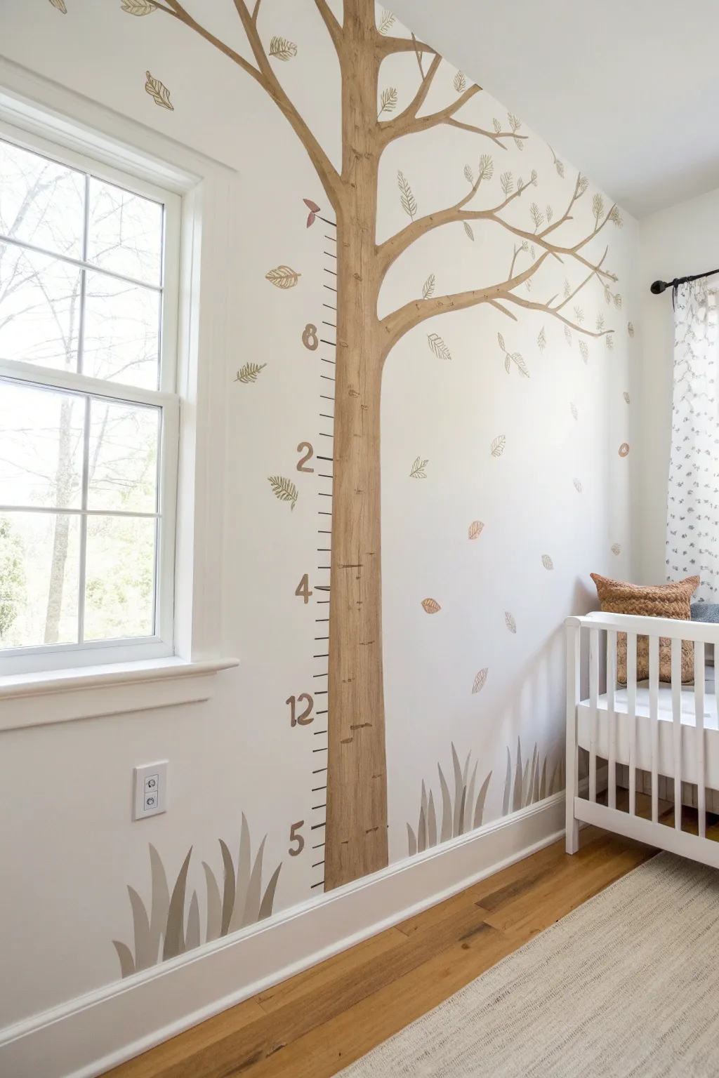 Tree-trunk growth chart mural in soft neutrals, a timeless nursery feature that grows with them