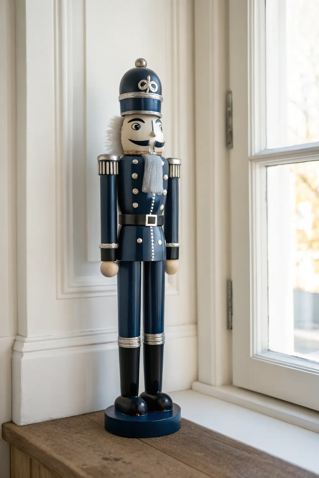 Give tradition a modern twist with this sophisticated navy and silver nutcracker painting idea.