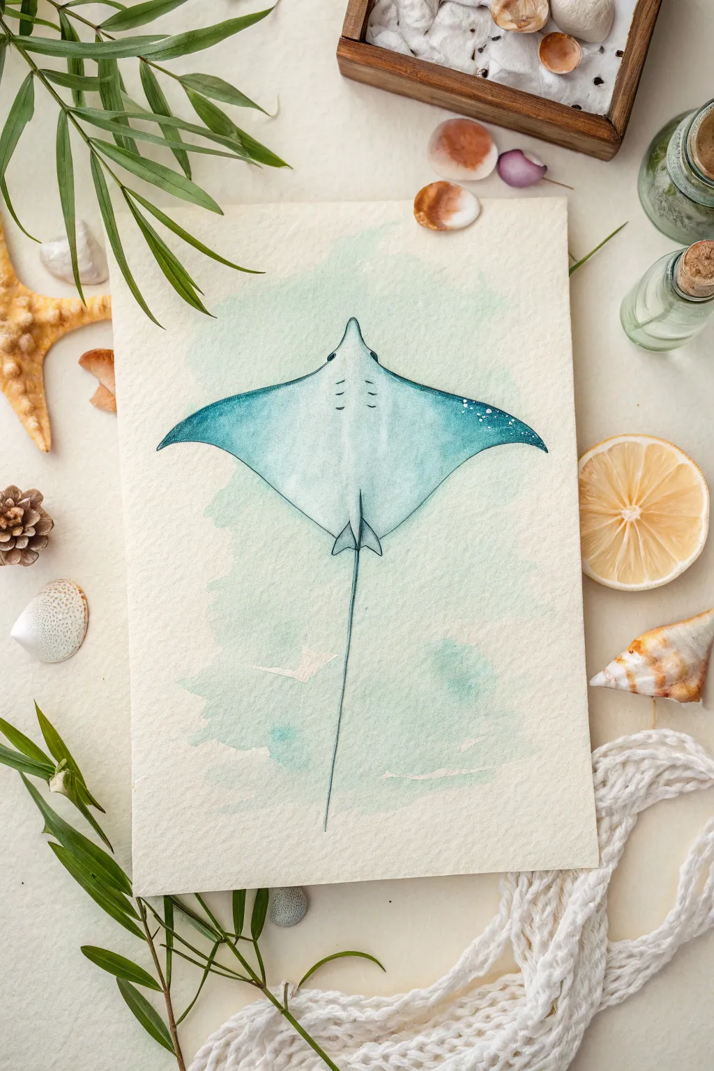 Manta ray floating like a kite, minimalist ocean drawing with soft gradients and calm contrast