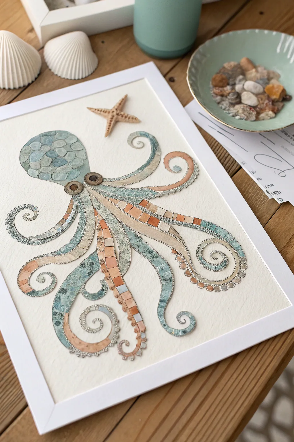 Handcrafted recycled mosaic octopus collage with shimmering tentacles, minimalist boho vibe.
