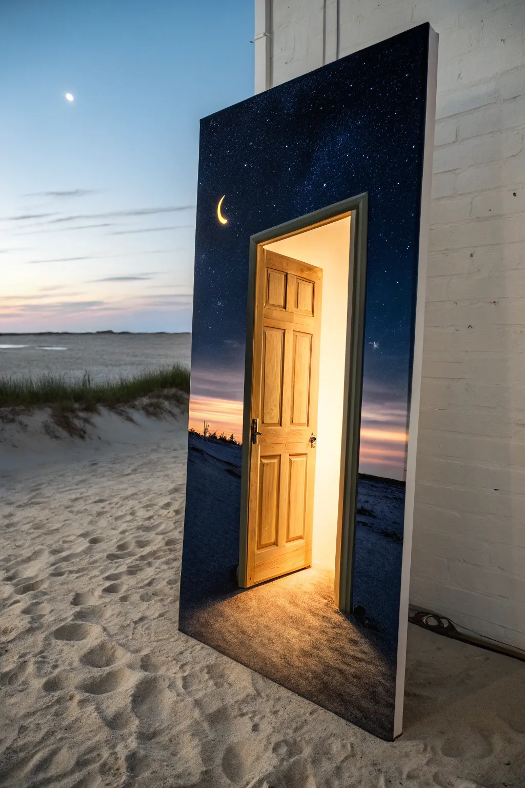 Dreamlike oil painting idea: a floating doorway under indigo night, warm glow and minimalist calm.