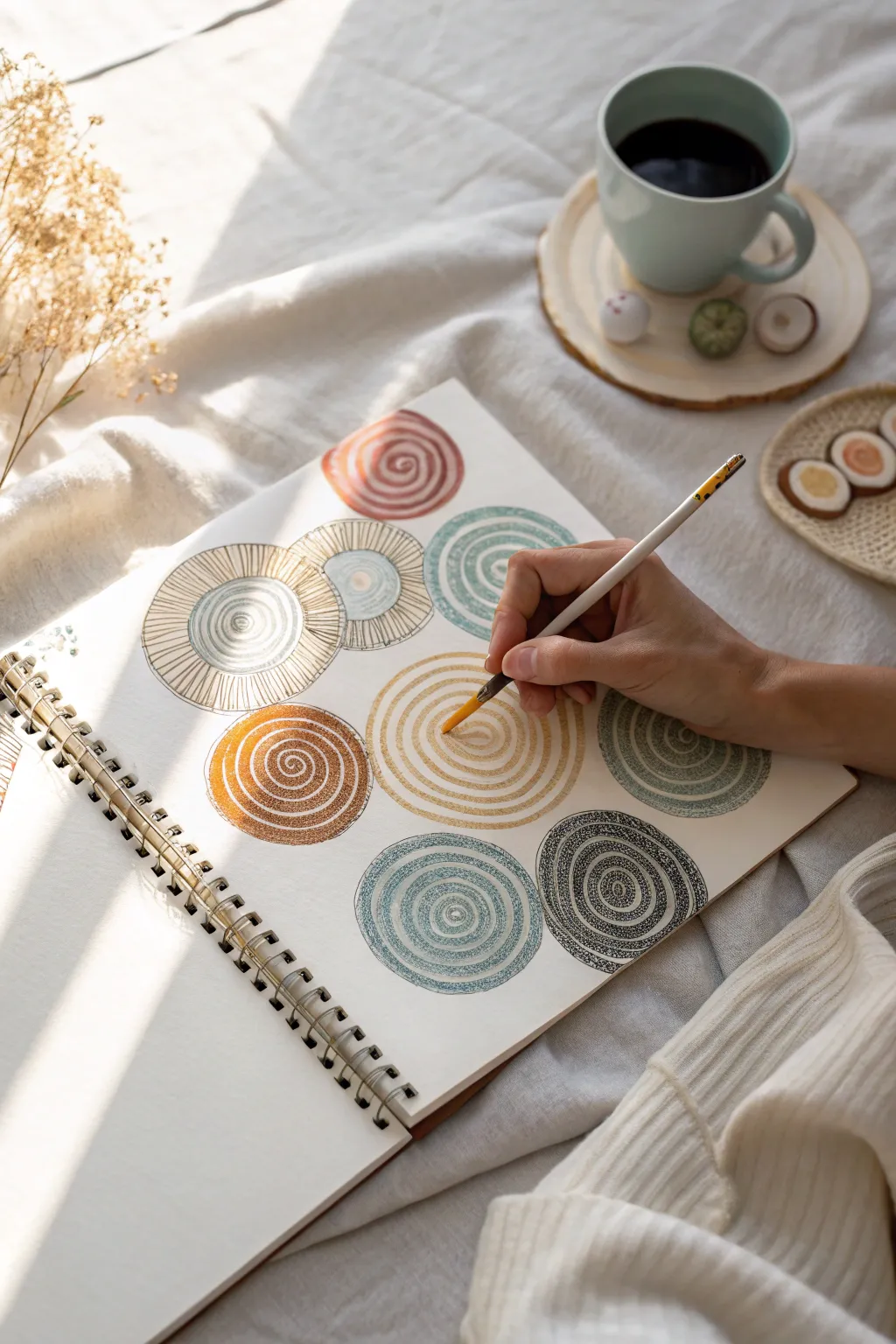 Overlapping oil pastel swirl circles with soft smudging for easy, satisfying blending practice