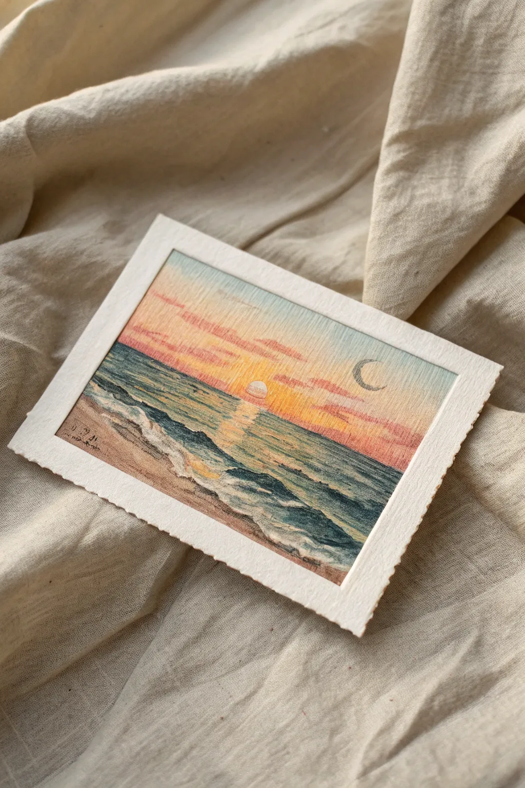 Crisp tape-border oil pastel postcard idea with a satisfying clean white margin and soft boho calm.