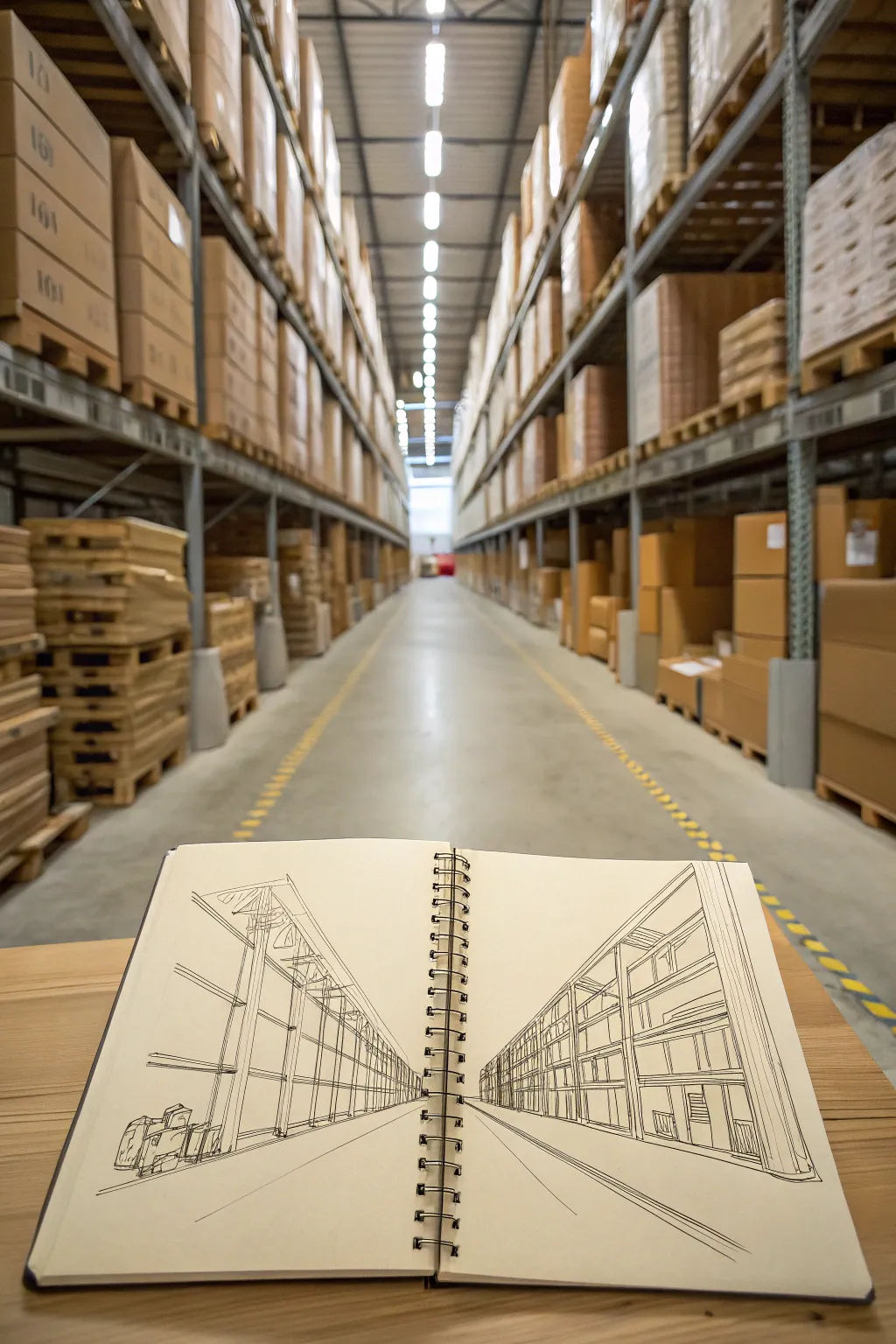 One point perspective warehouse aisle: stacked boxes and pallets leading to a crisp vanishing point