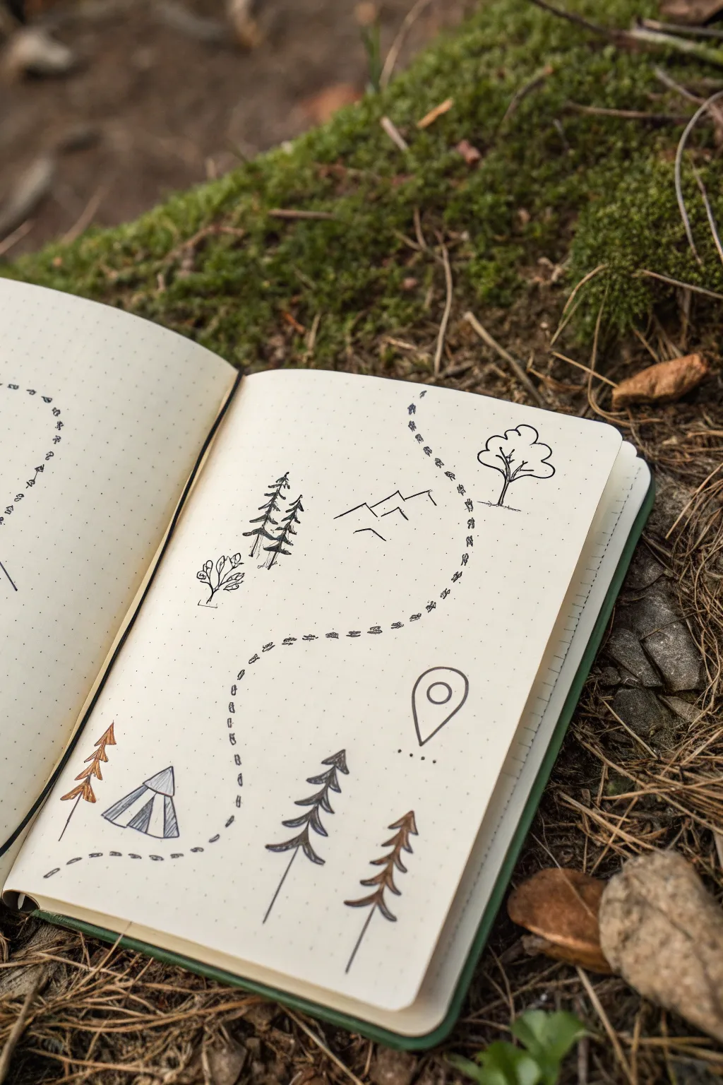 Turn your walk into a mini trail-map sketch, with tiny icons and a gentle winding path.