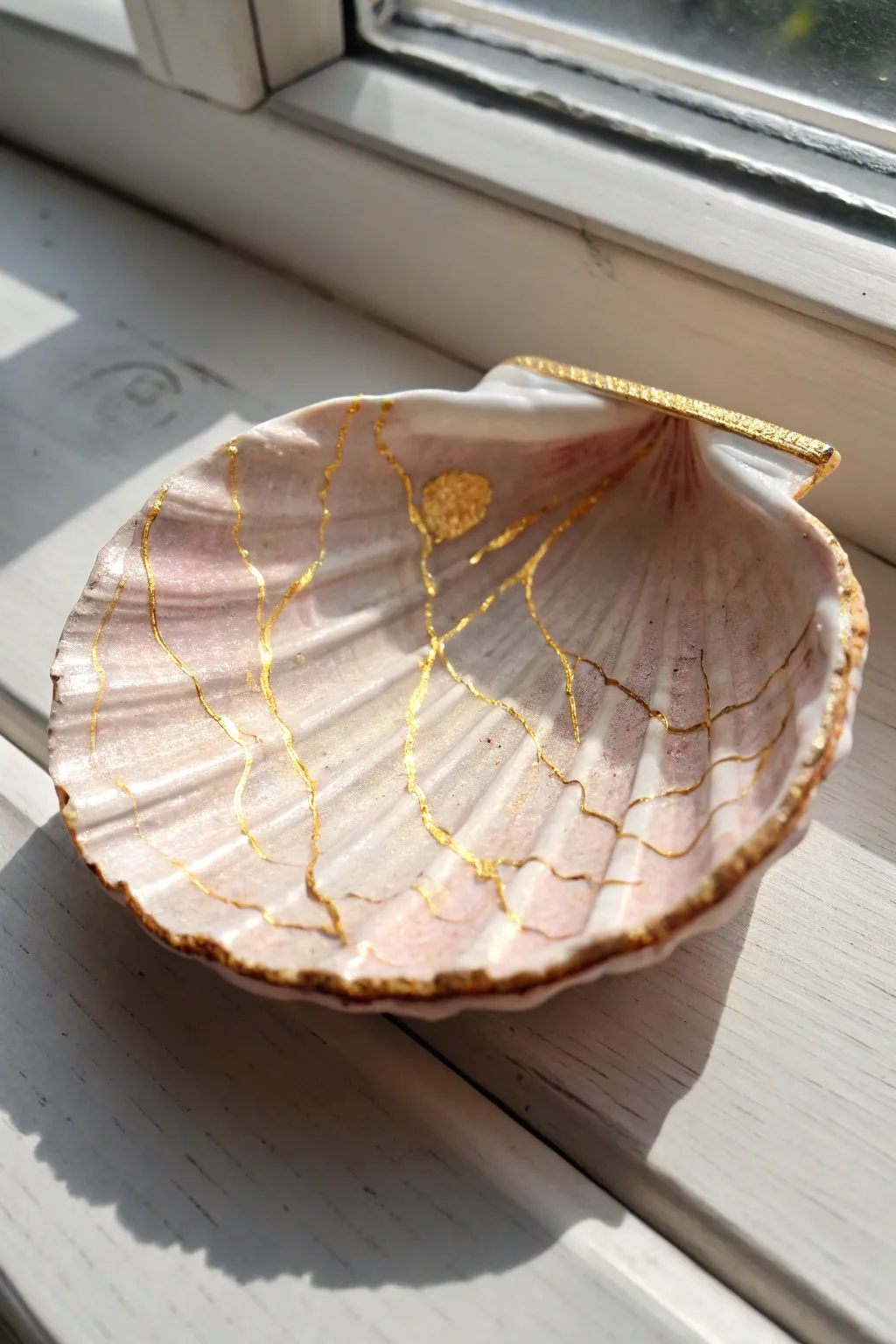 Kintsugi style oyster shell painting with matte blush and delicate gold crack lines, minimalist boho.