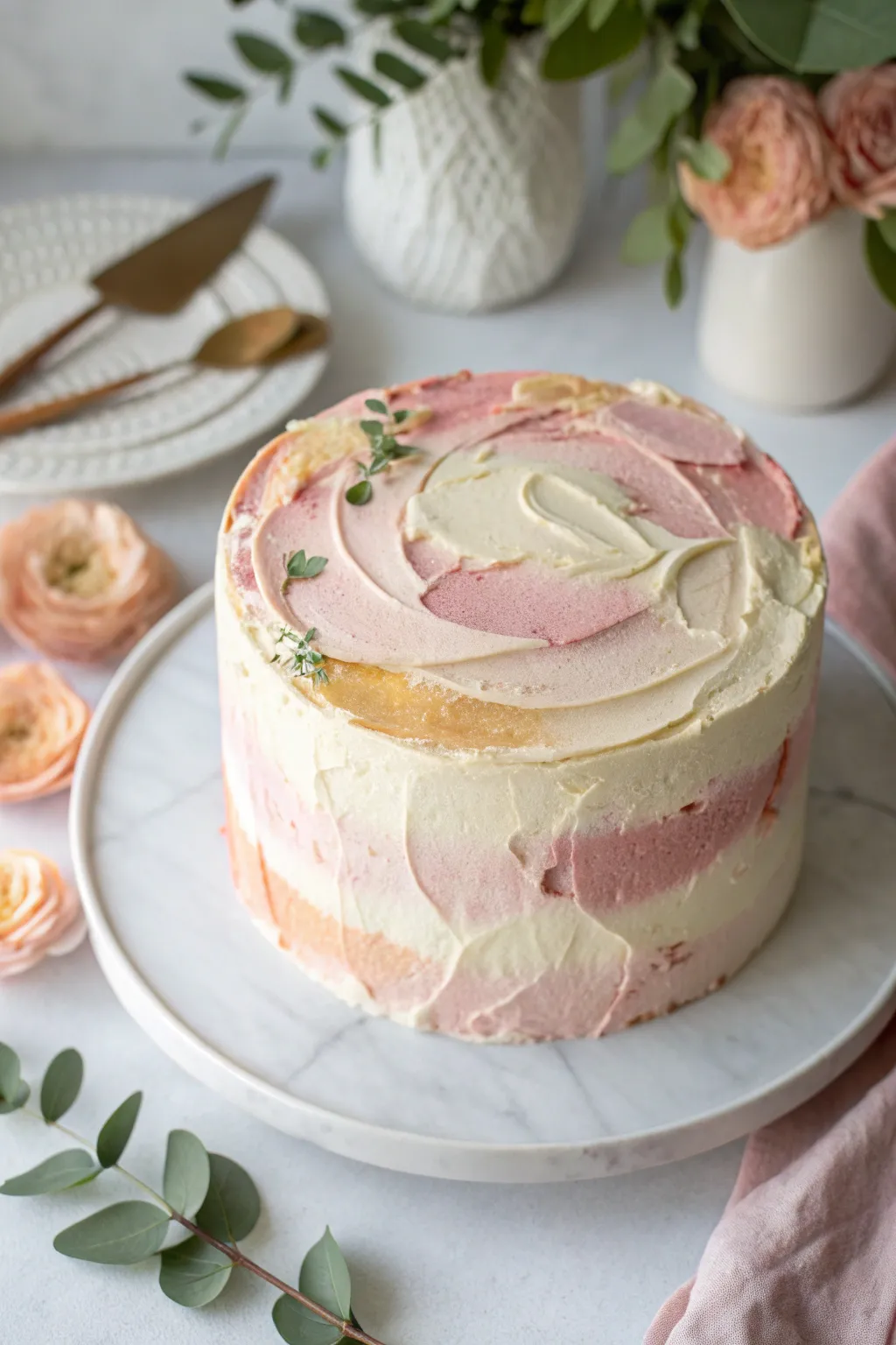 Buttercream palette smear cake with blended pastel swatches and textured ridges, minimalist boho mood