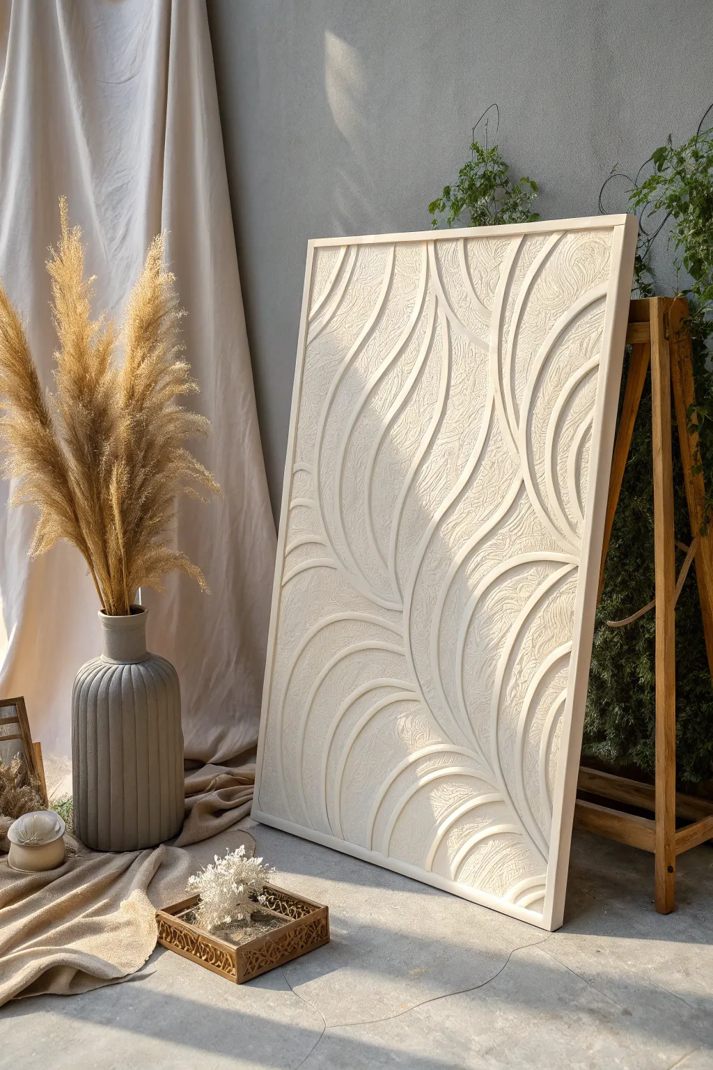 Textured underpainting on a neutral canvas, raised arches and soft shadows ready for paint.