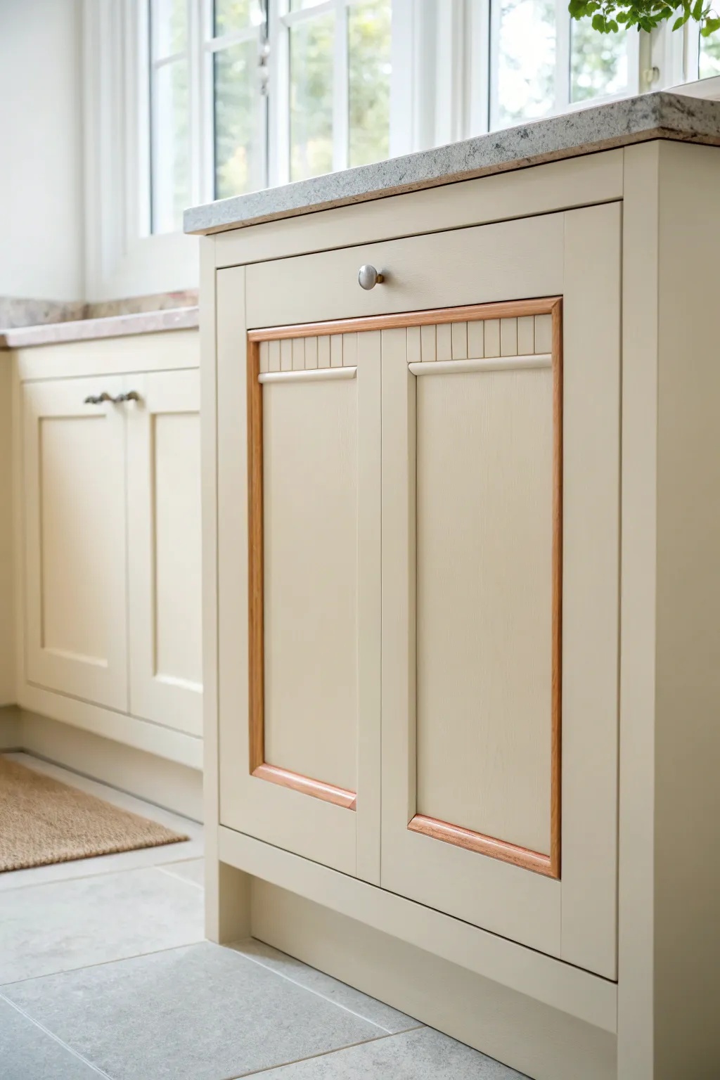 Two-tone cabinet door with terracotta panel trim, minimalist Scandinavian boho paint idea