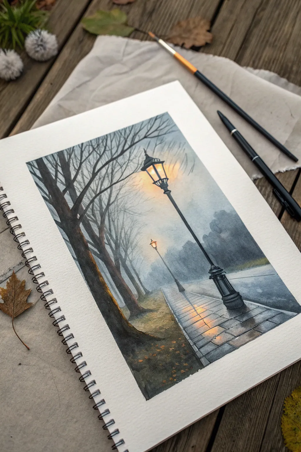 Beginner paint night mood: a rainy street lamp glow with simple reflections and silhouette