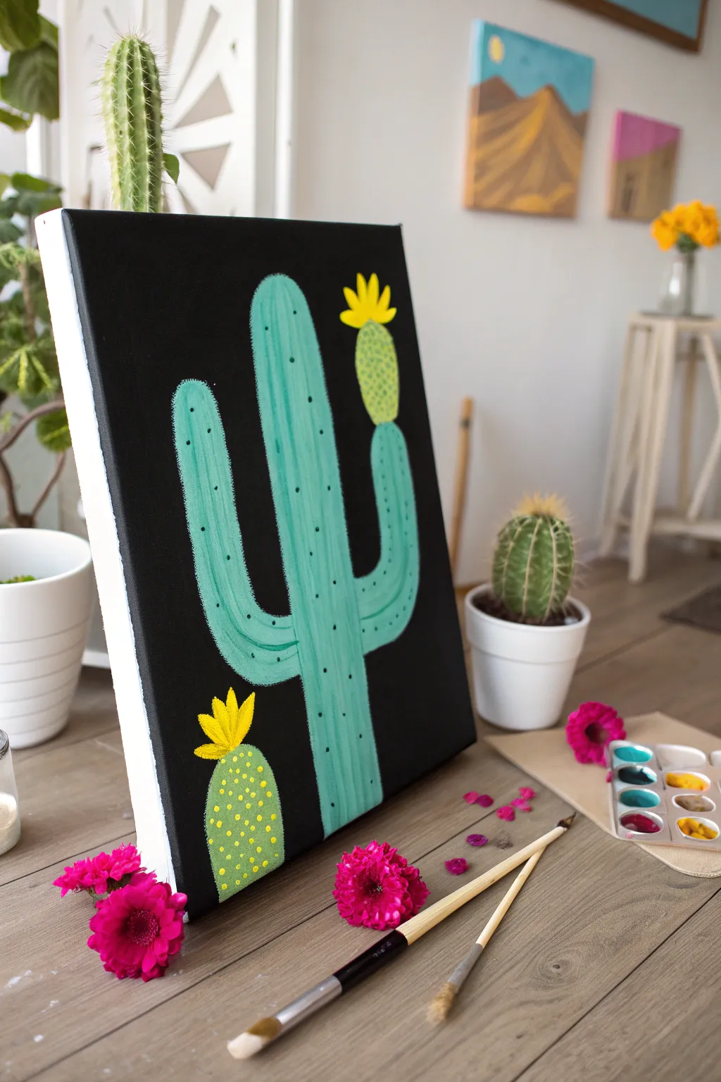 Color-pop cactus on matte black—simple shapes, bright blooms, and party-perfect contrast