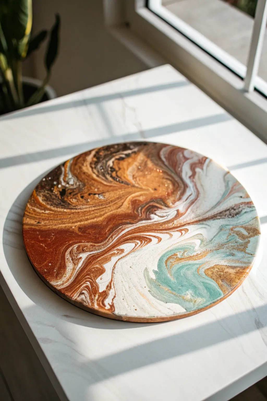 Organic tree ring paint pour in warm earth tones with a crisp teal accent, glossy and minimal