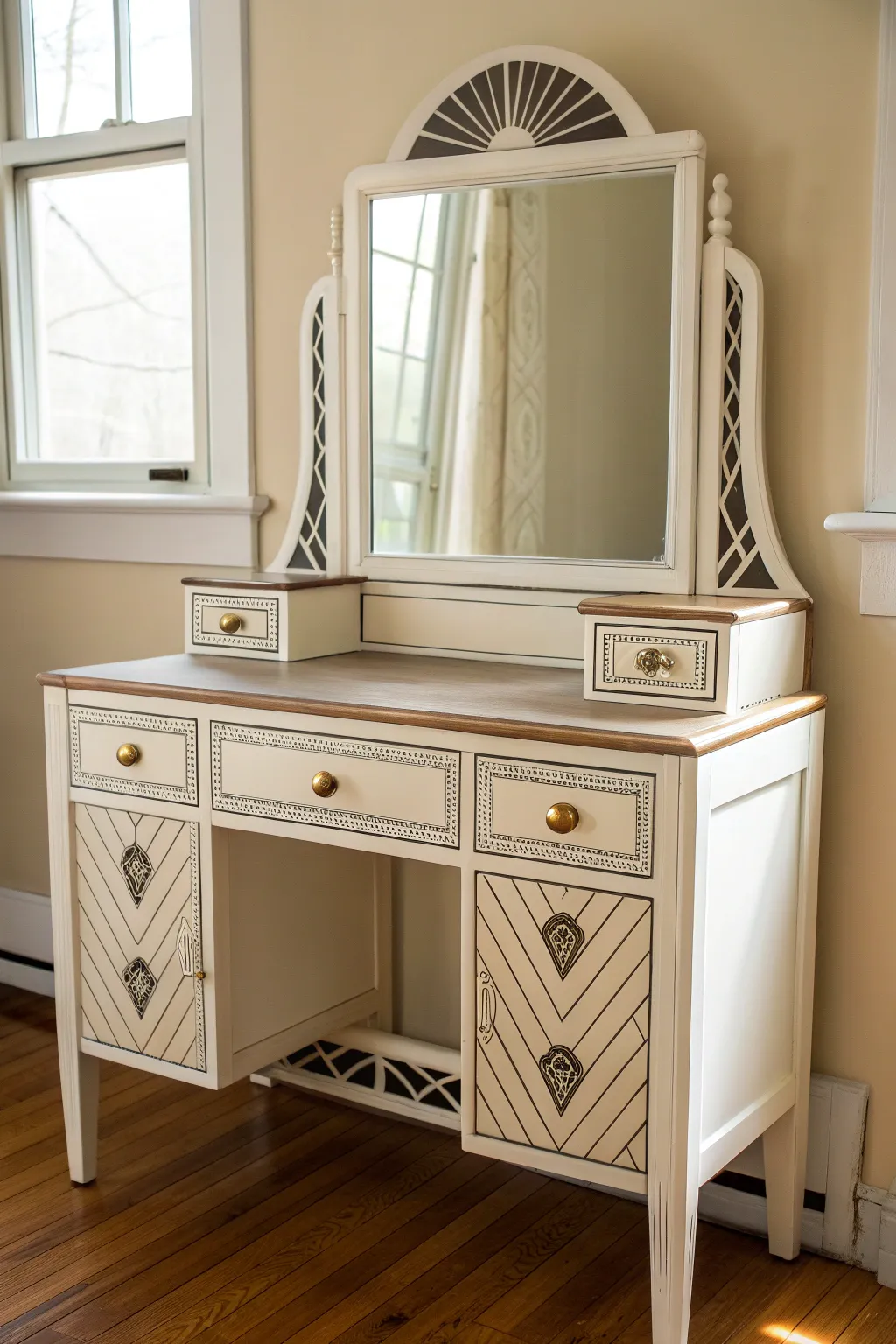 Crisp Art Deco linework transforms a painted antique vanity into a minimalist statement piece.