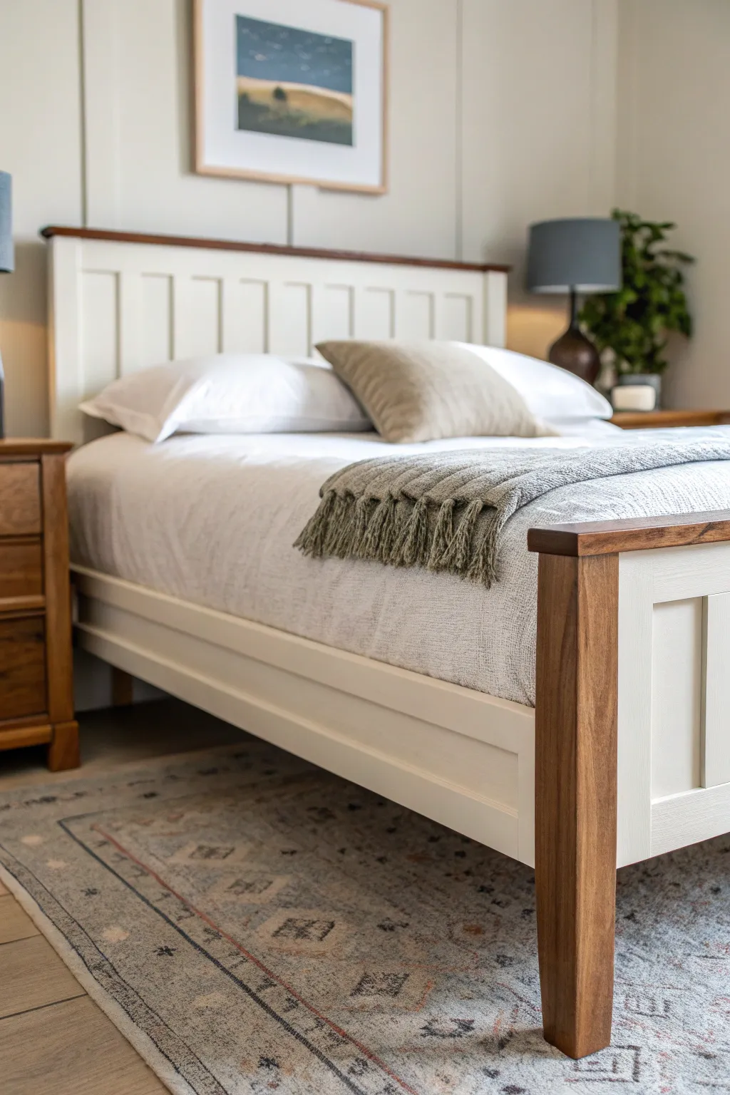 Faux wood grain over paint turns a simple bed frame into warm timber vibes from near and far.