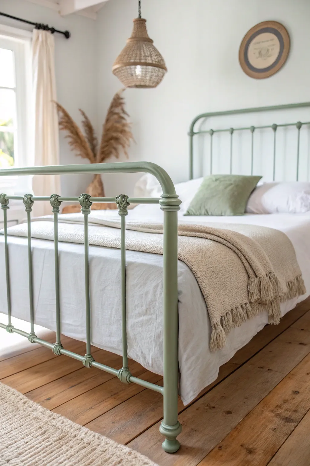 Sage-painted metal bed frame with airy linen layers for fresh Scandinavian boho calm