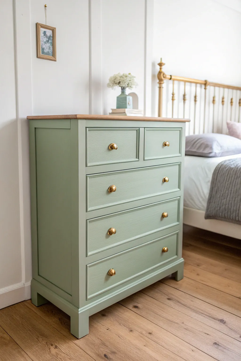 One calming paint color turns mismatched bedroom furniture into a cohesive, elevated set.