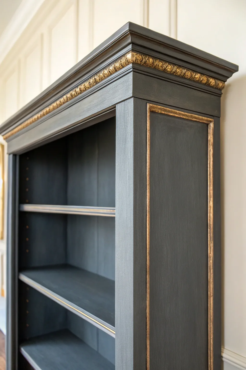 Subtle gold edge trim makes this painted bookcase feel refined, calm, and handcrafted.