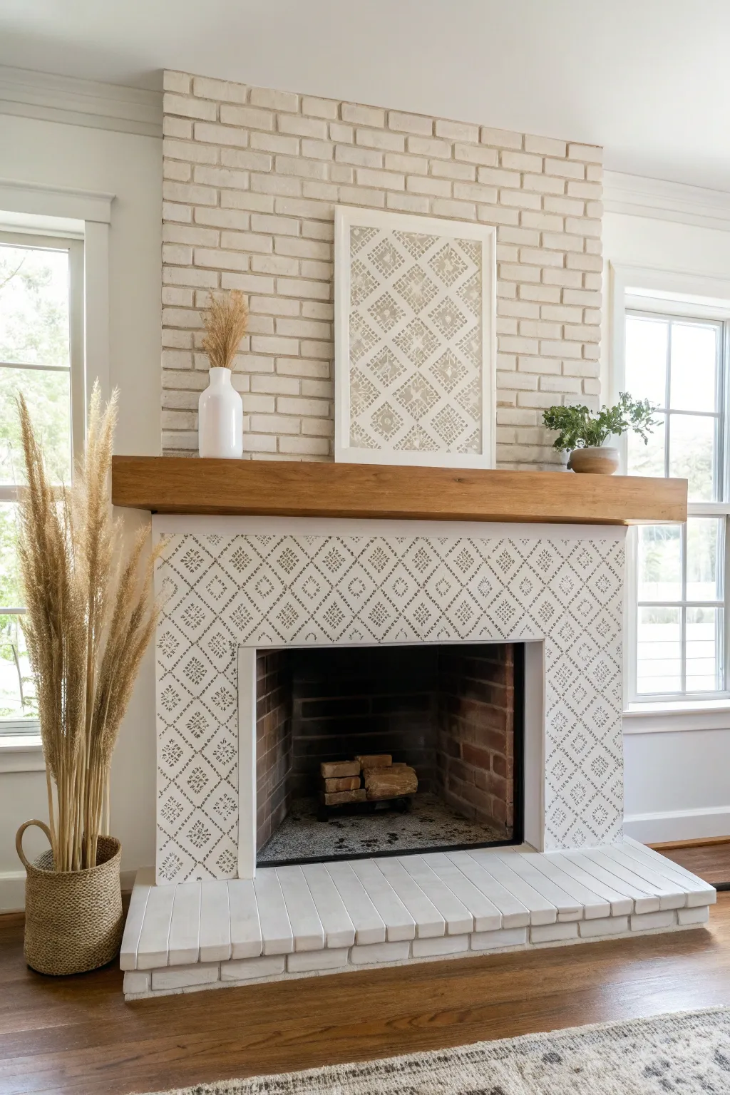 Tone on tone stencil adds quiet pattern to a painted brick fireplace, Scandinavian boho style.
