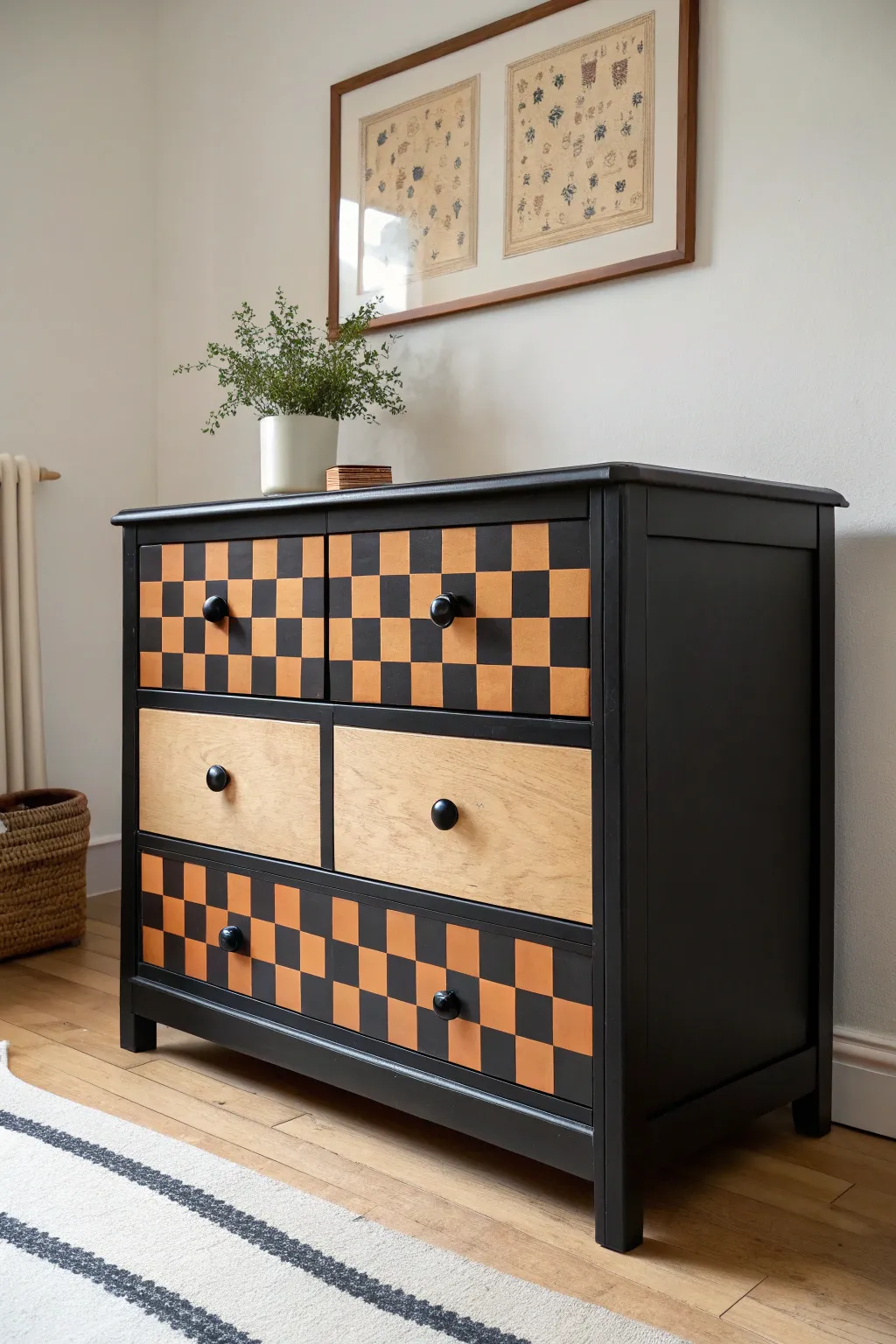 Bold checkerboard chest of drawers that adds maximalist energy while staying clean and modern