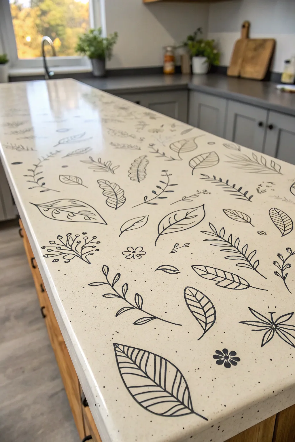 Playful line-art doodles sealed under glossy clear coat for a fresh painted countertop look.