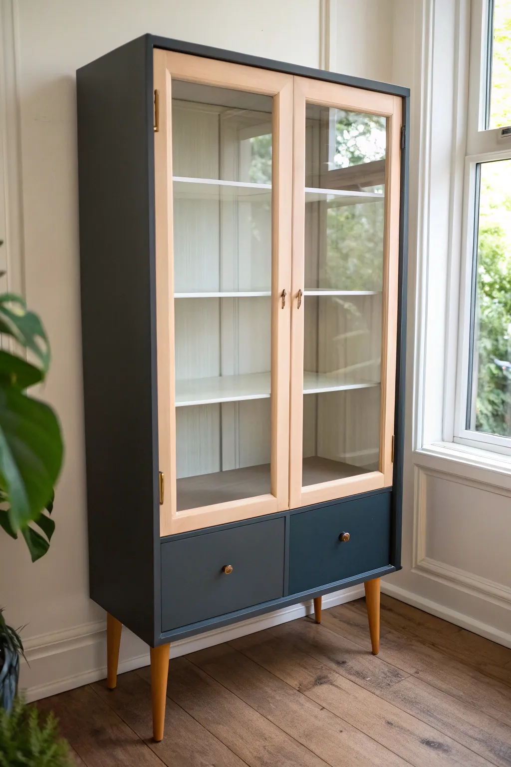 Modern color blocked curio cabinet with dark base and light top for a fresh contemporary look