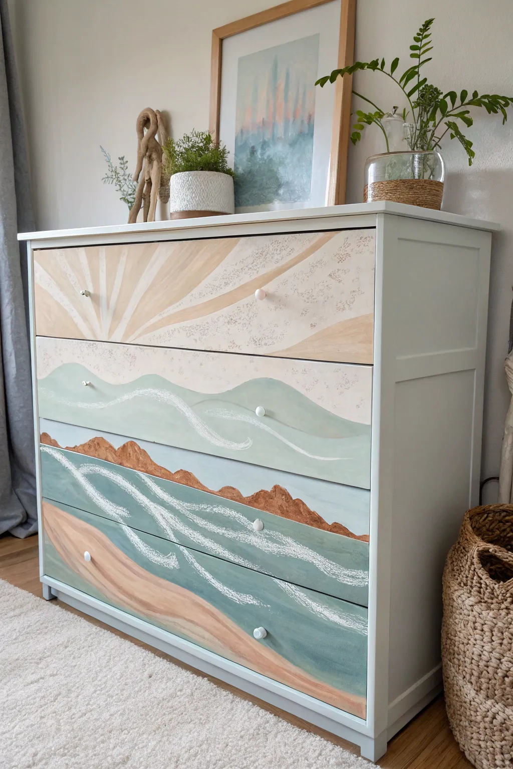 Continuous mural across drawers turns a simple dresser into calm Scandinavian boho art.