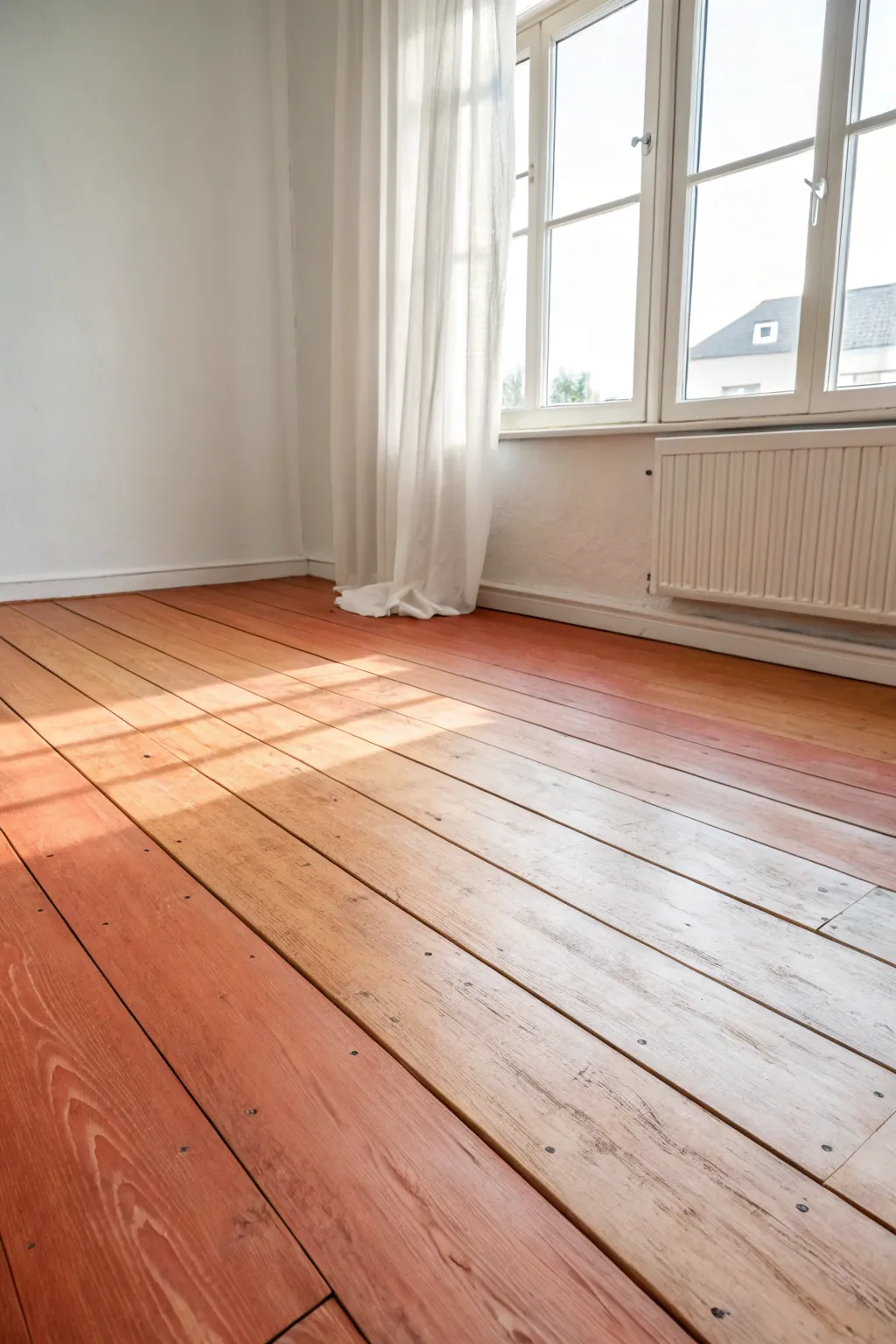 Soft ombre plywood floor fading toward a sunlit window, minimalist boho mood with clean contrast.