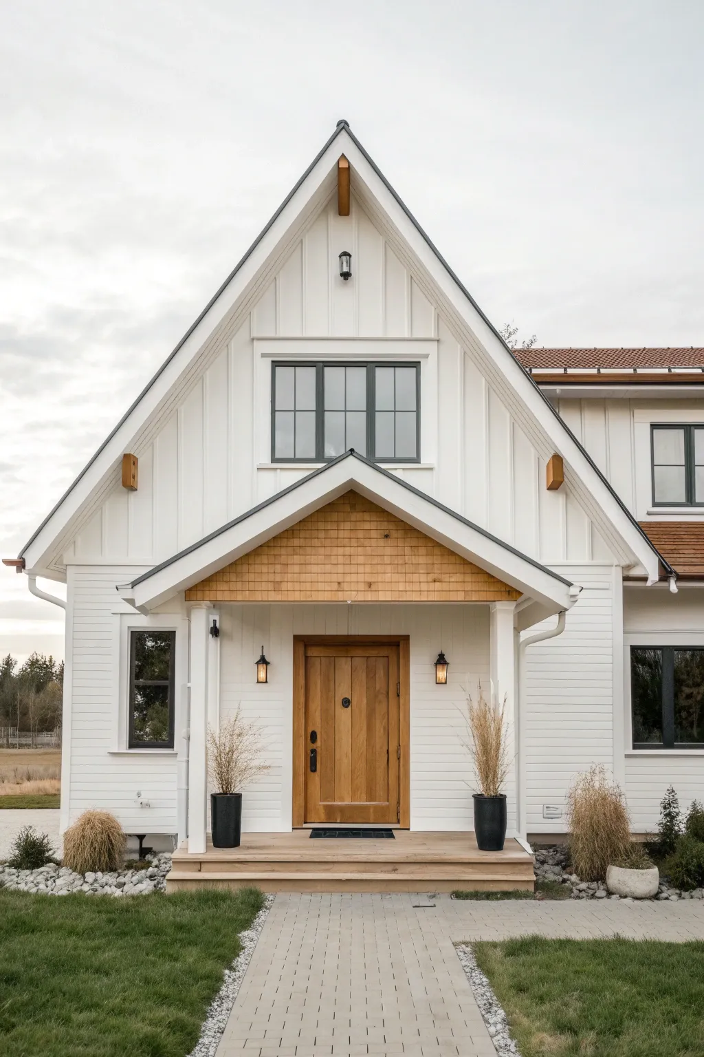 Painted gables and eaves in a soft terracotta accent make minimalist architecture pop.