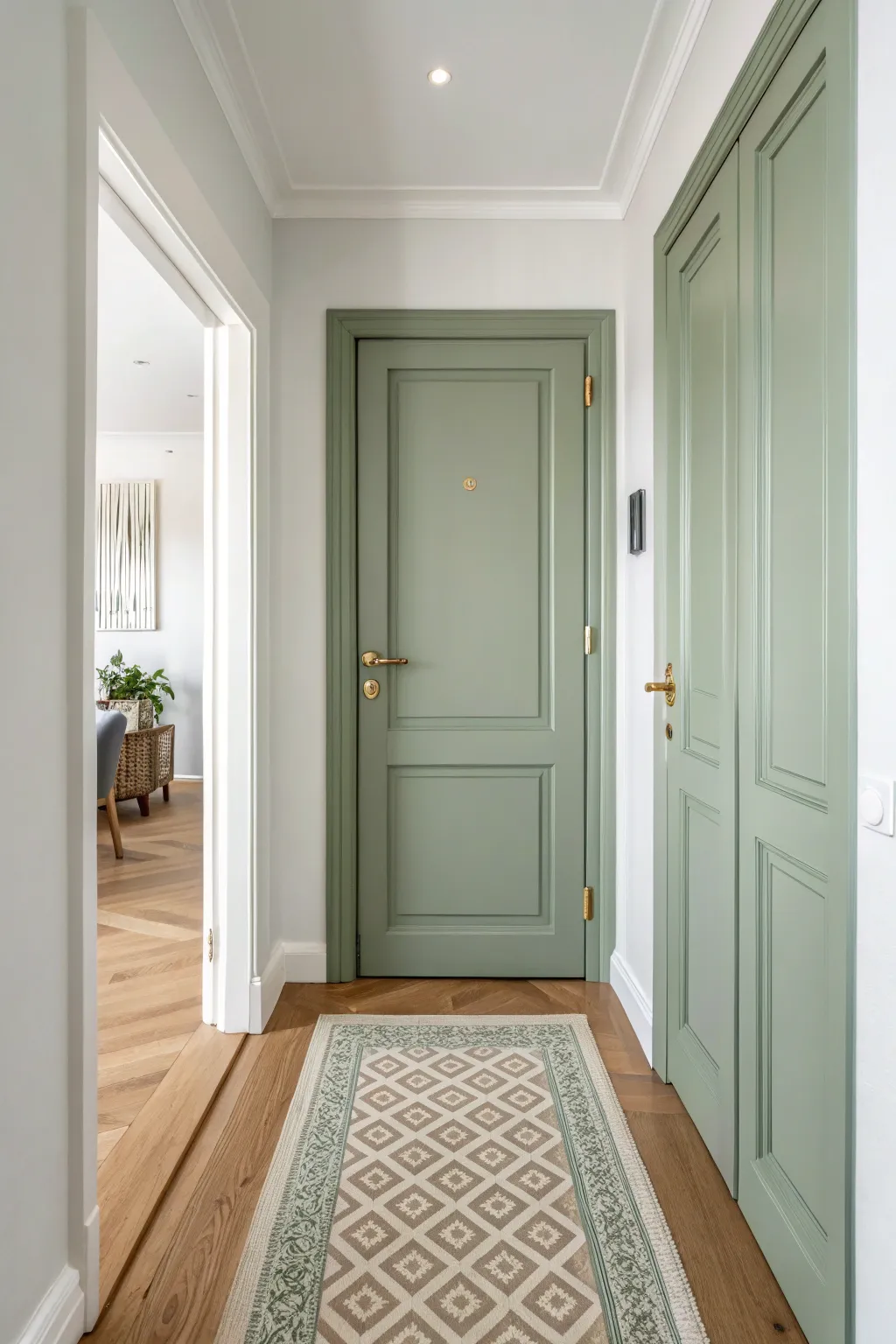 Color-matched door and runner rug create a calm, cohesive hallway rhythm in soft Scandinavian tones.
