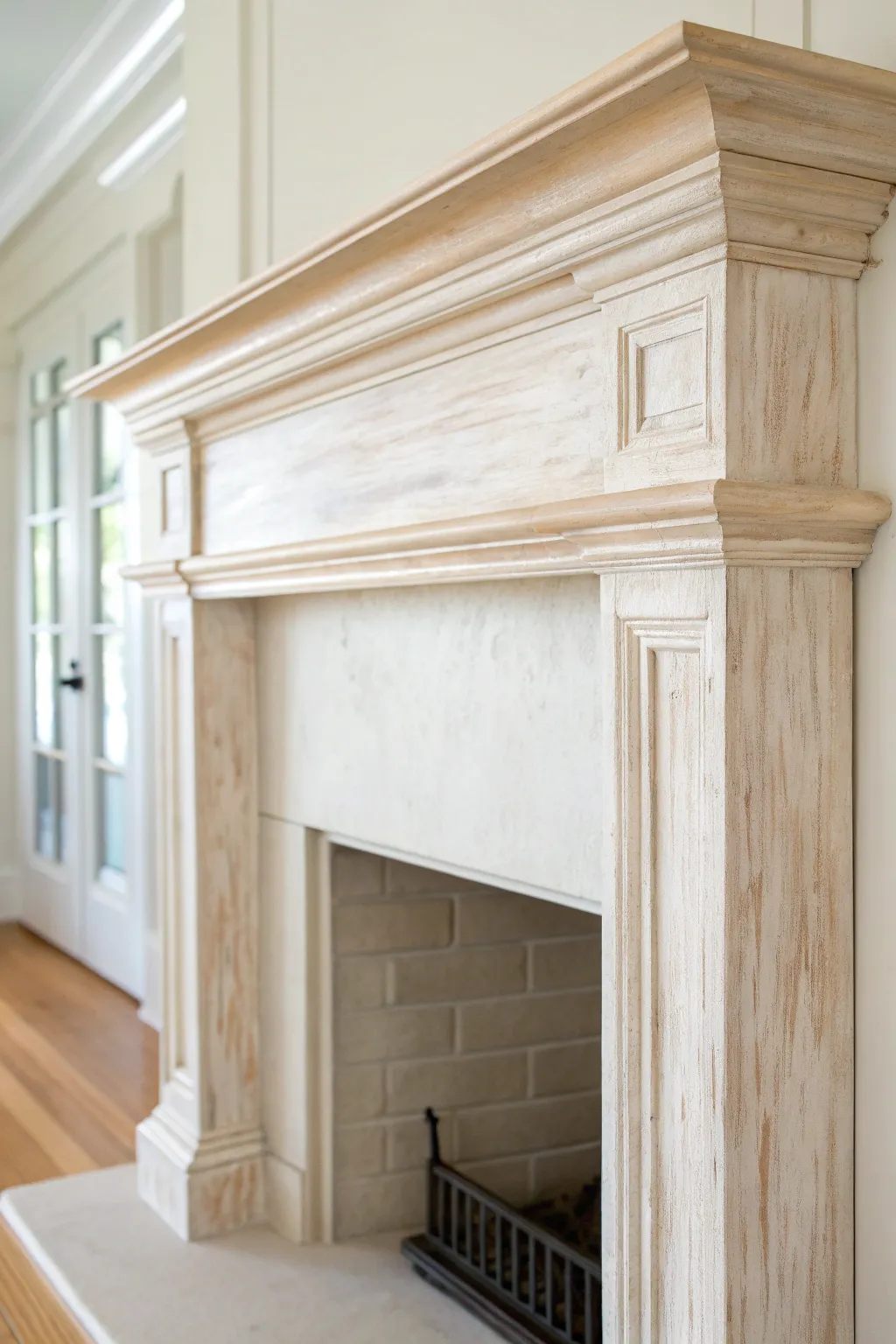 Soft limewashed mantel texture in warm neutrals, minimalist Scandinavian calm with boho warmth