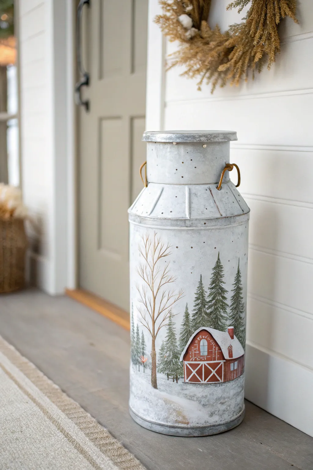 A minimalist winter-painted milk can with evergreens and barn, styled by a cozy doorway.