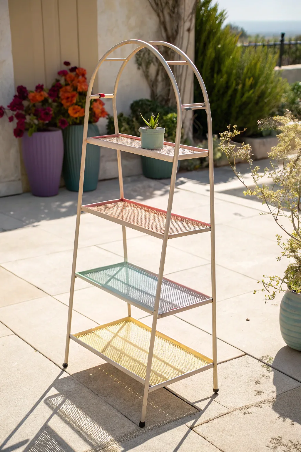 Rainbow spray gradient transforms a simple metal plant stand into a bright patio statement.