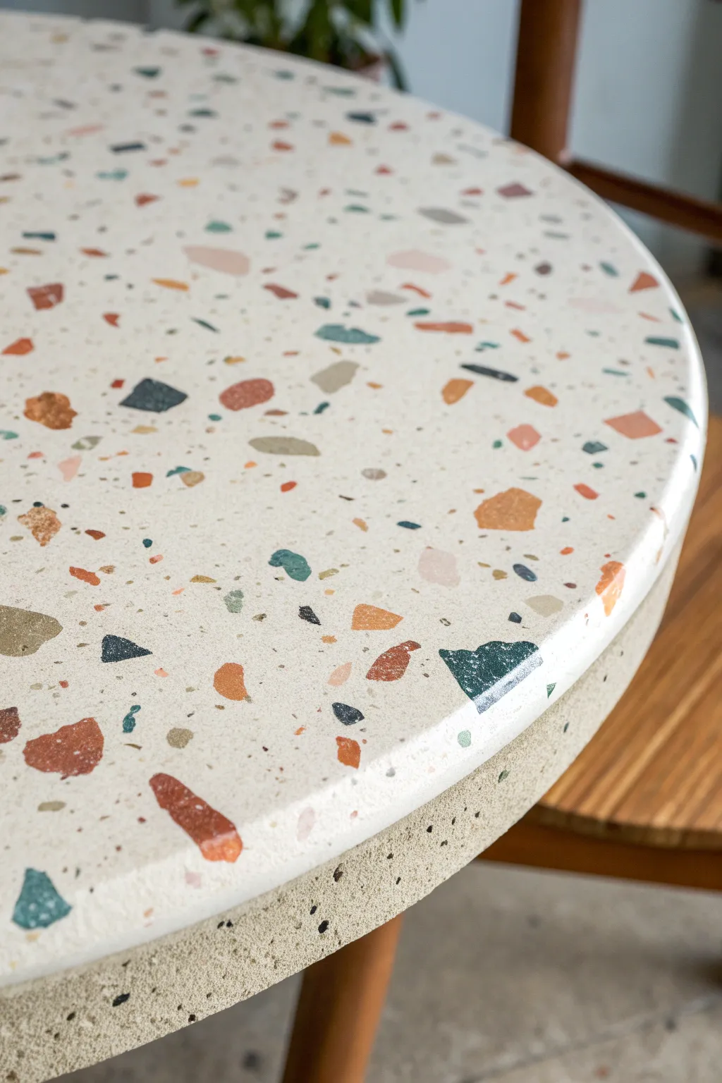 Speckled terrazzo paint on a round tabletop with a crisp edge, minimal and softly boho