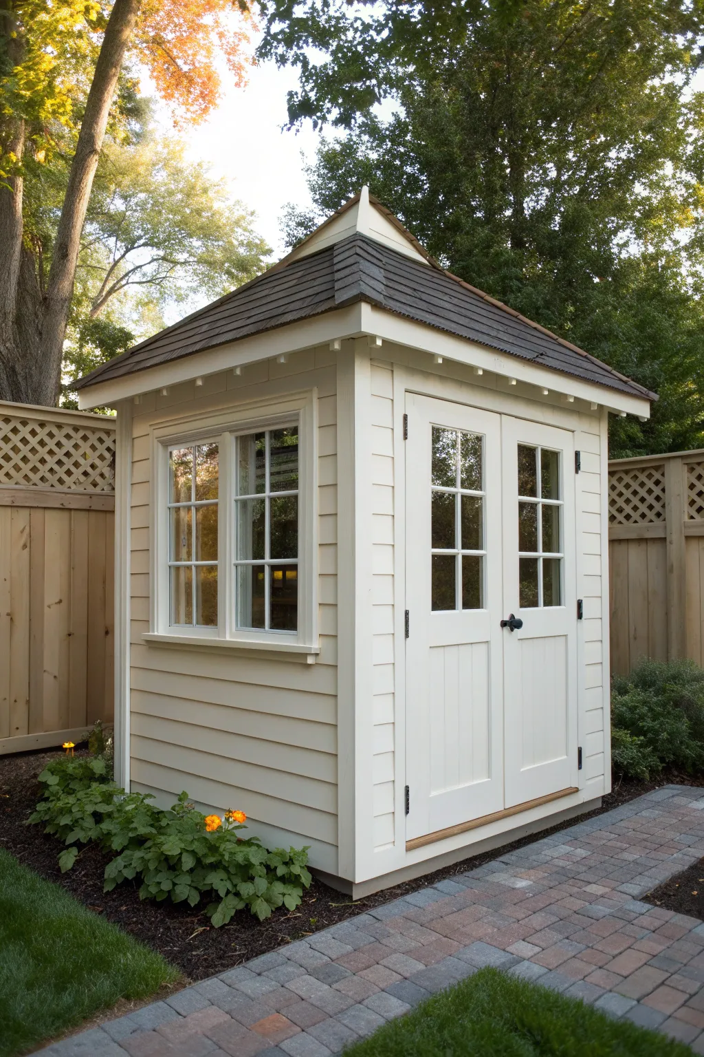 Trompe loeil faux windows make a simple shed feel like charming architecture with just paint