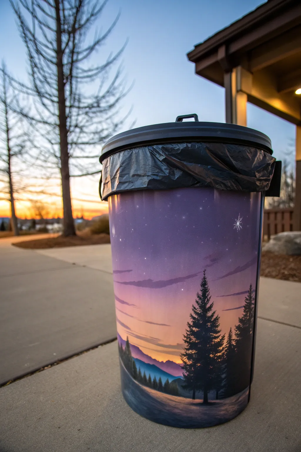 Twilight forest mural turns a plain outdoor bin into a cozy, minimalist statement piece.