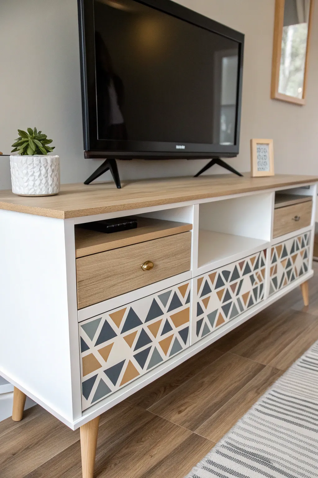 Crisp taped geometry on painted drawer fronts for a minimalist Scandinavian boho TV stand