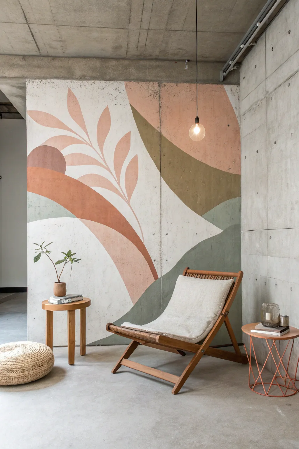 Soft abstract mural on raw concrete creates a calm, artsy basement lounge retreat corner.