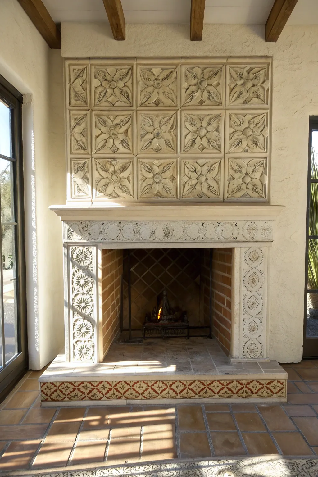 Trompe loeil fireplace tile: painted highlights and shadows create a convincing 3D block effect