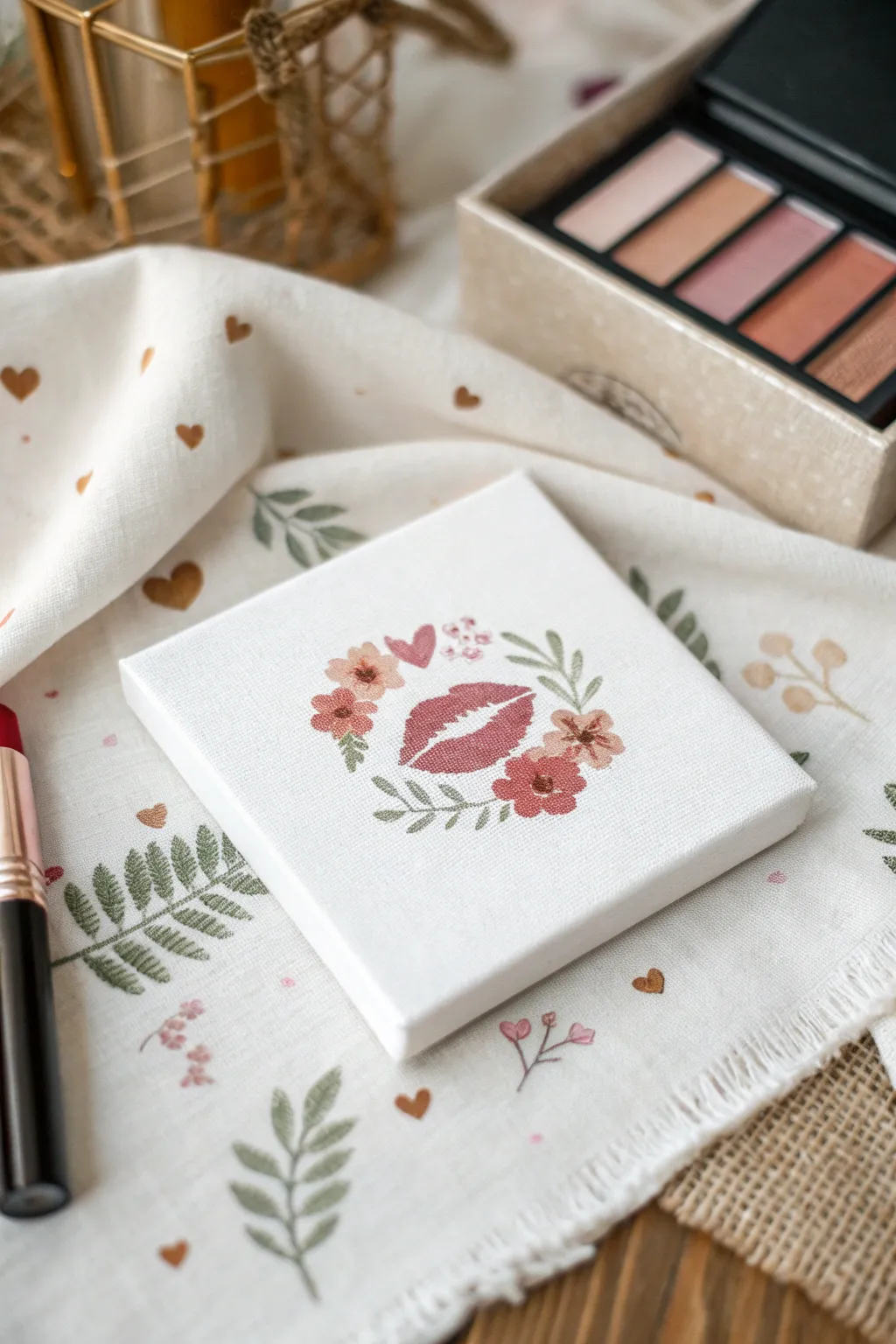 Flirty kiss print with soft painted hearts and florals, a minimalist keepsake for him.