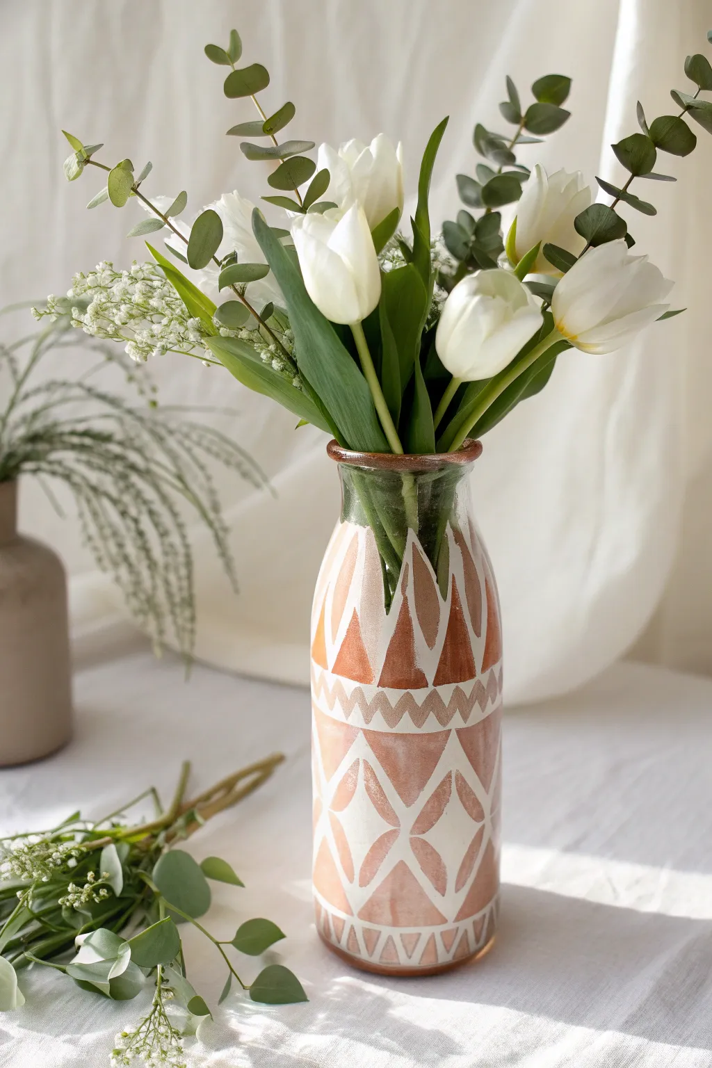 Modern patterned vase with fresh flowers, a calm Scandinavian boho painting idea to gift Mom