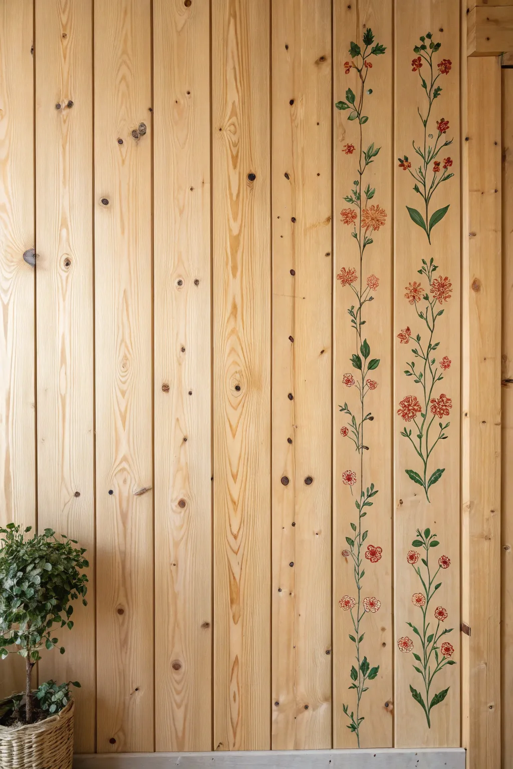 Knotty pine mural idea: tiny painted berries turn knots into charming, minimalist details.