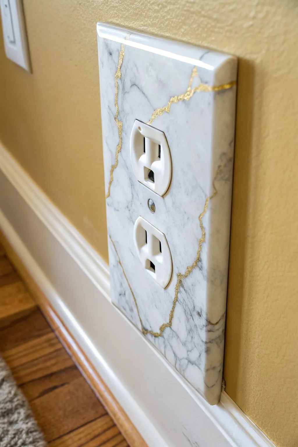 Faux marble outlet cover with soft gray and gold veining for a minimalist boho wall upgrade