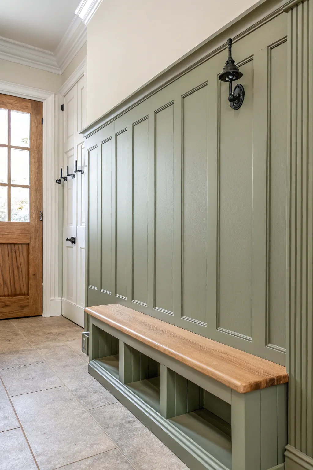 Mid-tone entryway paneling hides scuffs beautifully while keeping a calm, crafted, minimalist feel