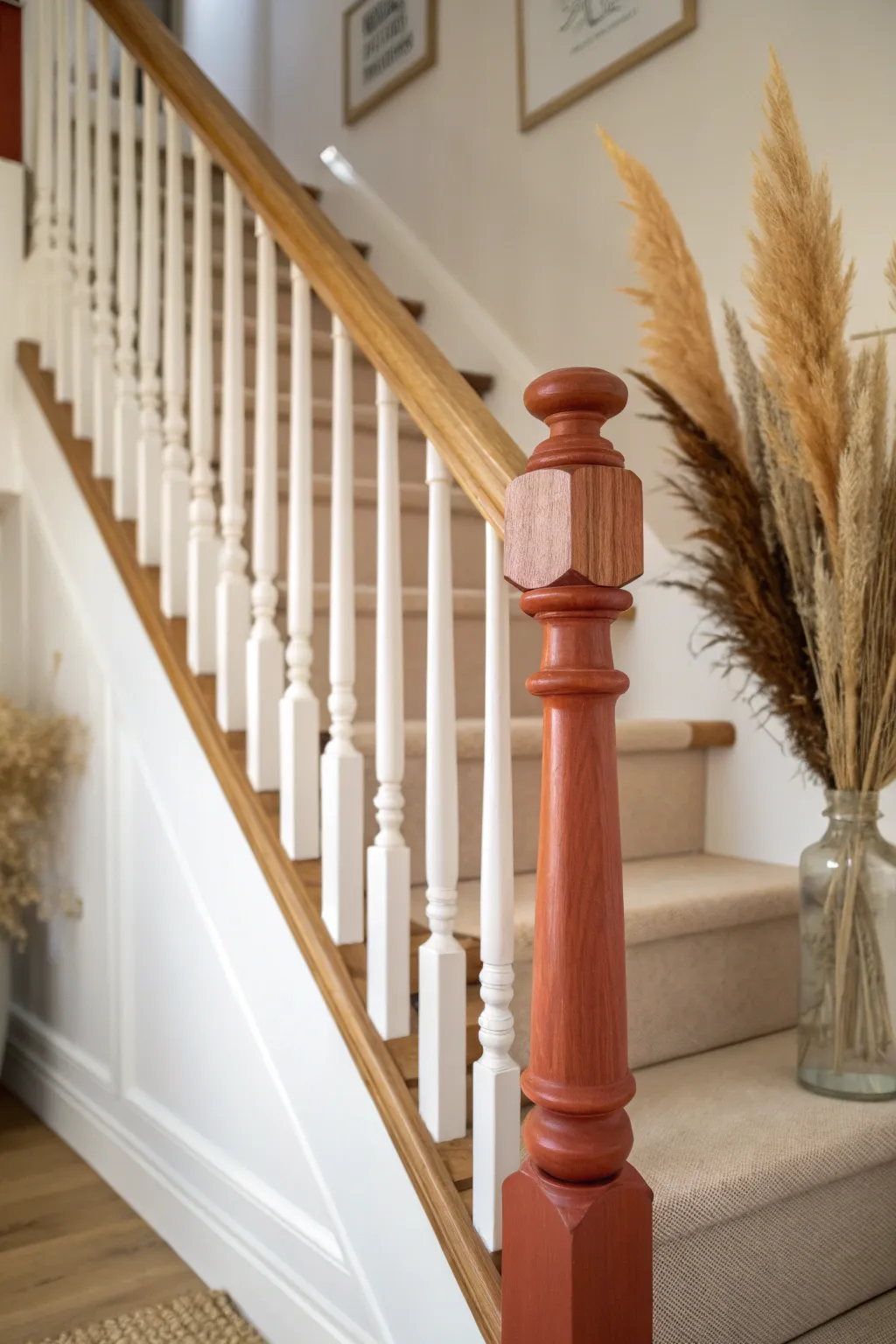 Soft ombre staircase spindle from clay blush to ivory, minimalist and handcrafted warmth.