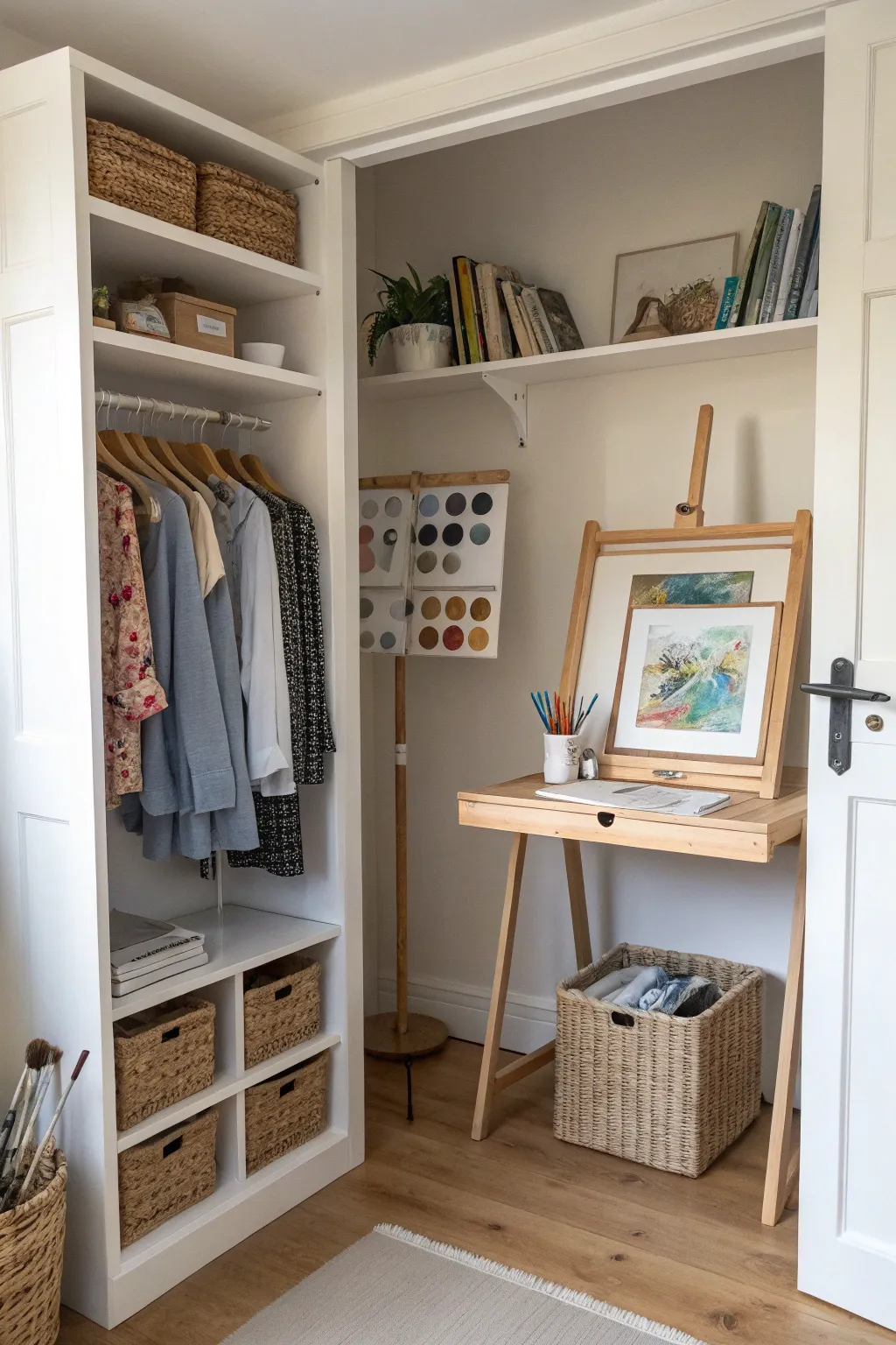 Turn a closet into a bright mini studio with a fold-down desk, easel, and tidy bins.