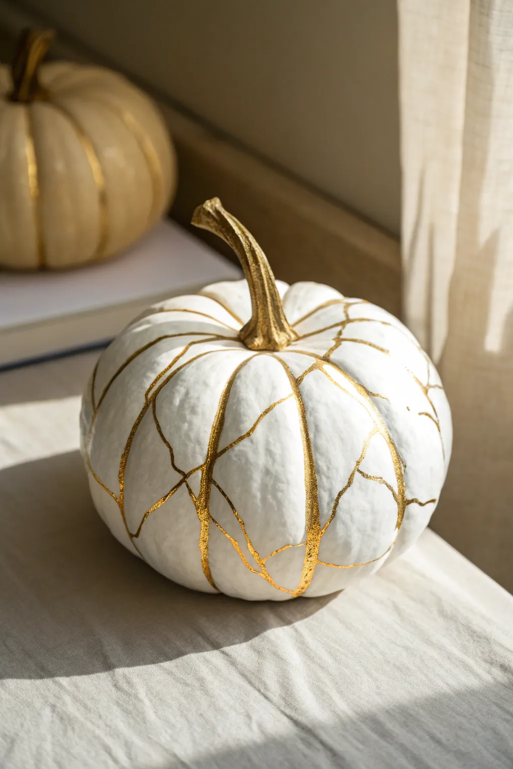 Kintsugi-style gold leaf cracks on a matte white pumpkin for an elegant minimalist glow
