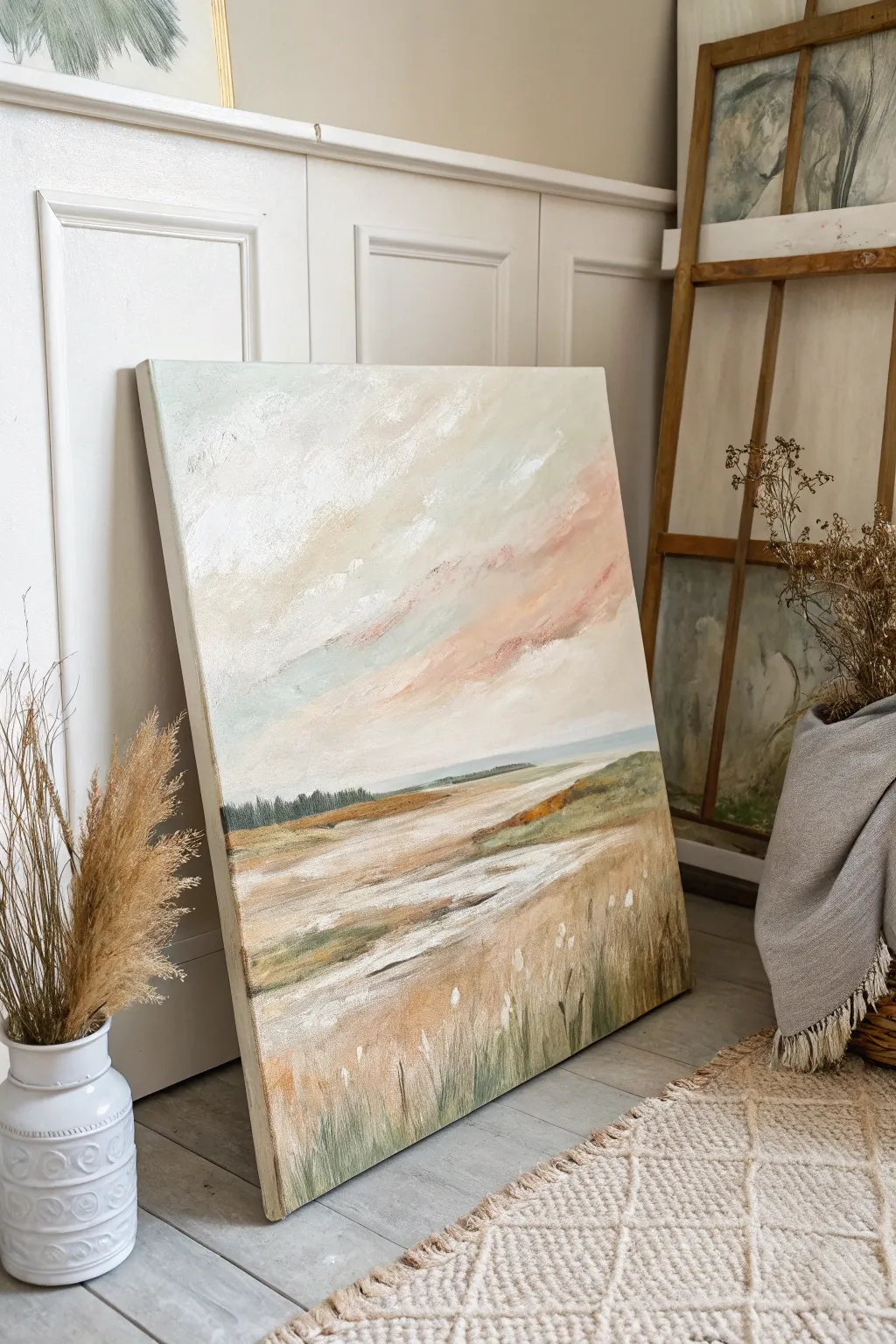 Palette knife landscape with soft pastel lines, where thick texture meets airy boho calm.