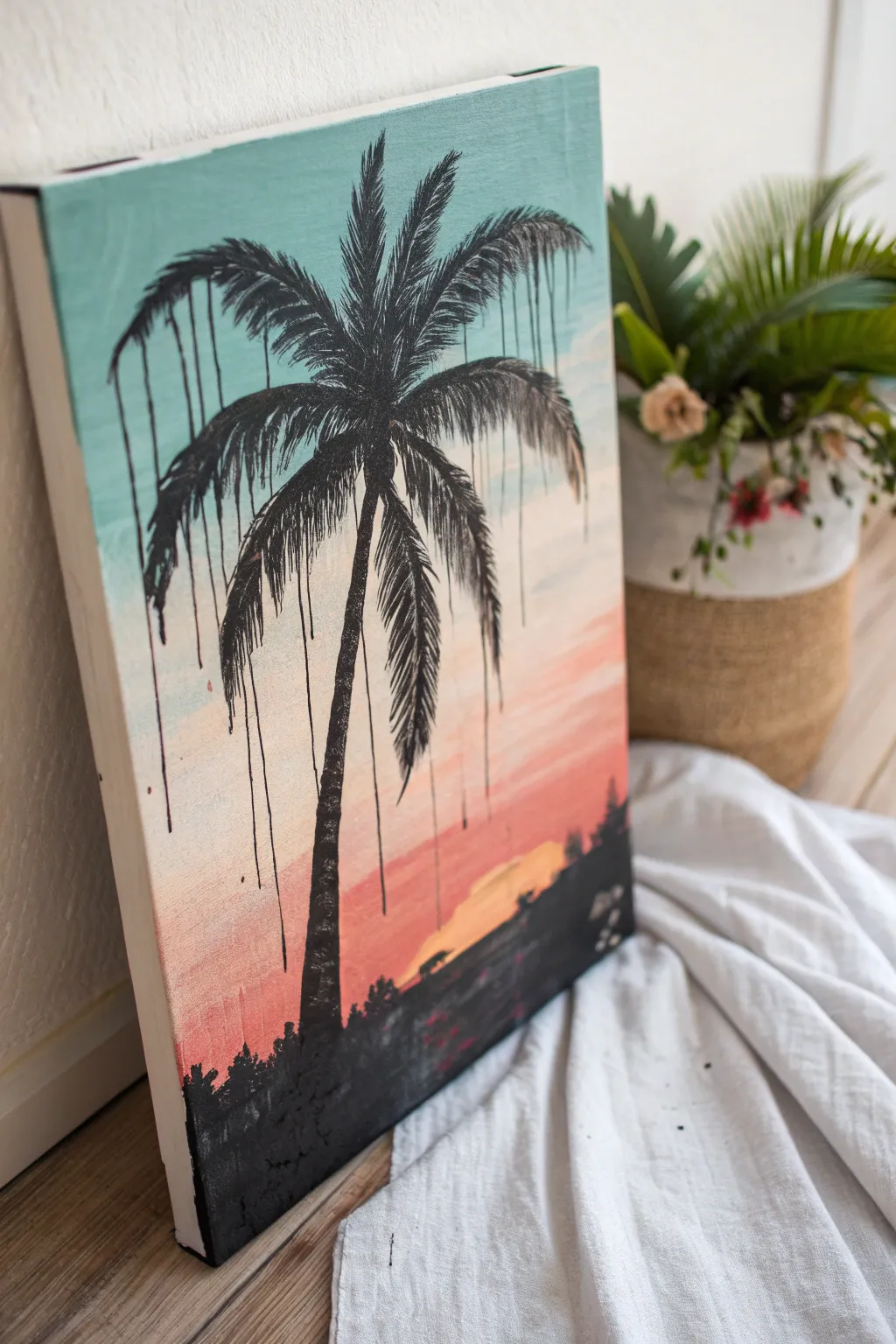 Abstract drip palm tree on a bright gradient canvas, minimal Scandi-boho vibe for easy recreating.